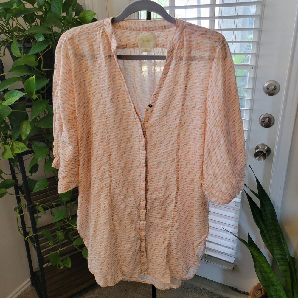 Maeve Anthropologie Orange Green Gauze Button Down Tunic Top Small Oversized